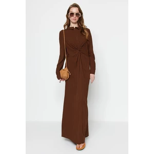 Trendyol Brown Woven Dress with a Knot and Zipper Detail in the Front