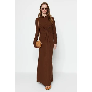 Trendyol Brown Woven Dress with a Knot and Zipper Detail in the Front