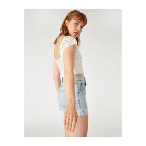 Koton Crop T-Shirt Embroidered Square Collar