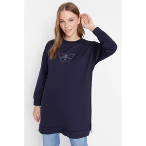 Trendyol Navy Blue Crew Neck Slit Detailed Printed Knitted Sweatshirt