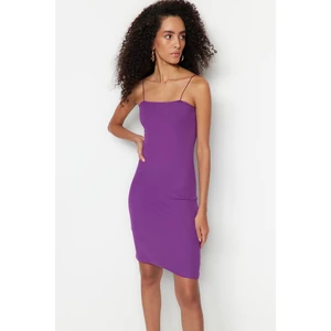 Trendyol Purple Square Collar Spaghetti Straps Ribbed Flexible Fitted Mini Dress