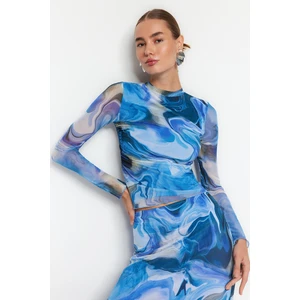 Trendyol Blue Patterned Draping See-through Back Fitted/Plastic Tulle Knitted Blouse