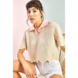 Bianco Lucci Women's Polo Neck Knitwear Blouse with Stone Buttons