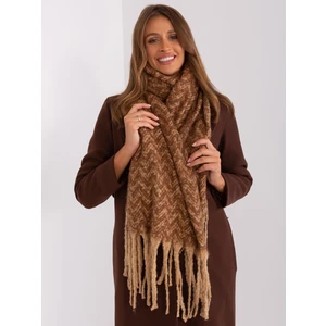 Camel and brown patterned scarf with fringe