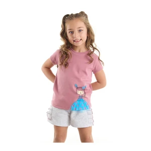 Denokids Tulle Lily Girl Child Pink T-shirt Light Gray Shorts Set