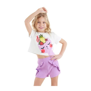 Denokids Fruity Cat Girl Child Crop Top White T-shirt and Lilac Shorts Set.