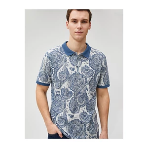 Koton Polo Neck T-Shirt with Buttons, Slim Fit, Short Sleeves Shawl Print Detailed.