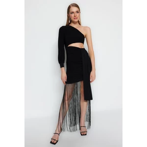 Trendyol Black Fitted Evening Dress With Knitted Tassels With Lining