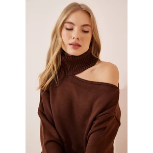 Happiness İstanbul Women's Brown Cot Out Detailed Turtleneck Knitwear Sweater