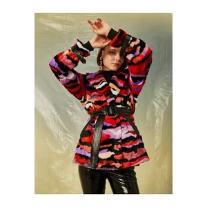 Koton Color Block Belted Short Plush Coat