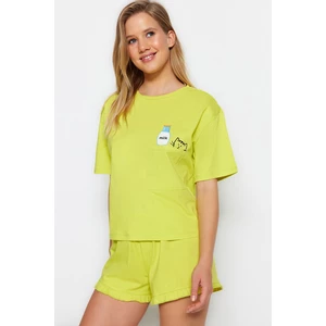 Trendyol Light Green Printed T-shirt-Shorts, Knitted Pajamas Set