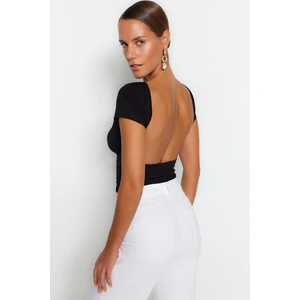 Trendyol Black Decollete Crop Cotton Stretch Knitted Blouse