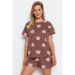 Trendyol Brown 100% Cotton Teddy Bear Printed T-shirt-Shorts Knitted Pajamas Set