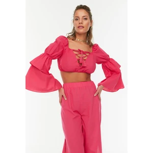 Trendyol Pink Long Sleeve Tie Detailed Blouse