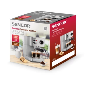 Espresso Sencor SES 4010SS nerez pákový kávovar • pripravíte espresso, cappuccino, latte • príkon 1 400 W • tlak 15 bar • 1,5l zásobník na vodu • parn