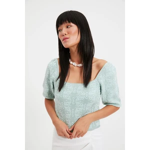 Trendyol Mint Szögletes Gallér Jacquard kötöttáru pulóver