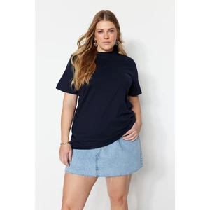 Trendyol Curve Navy Blue Boyfriend Basic Knitted T-shirt with Ribbed Collar