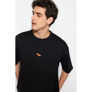 Trendyol Black Men's Oversize/Wide Cut Crew Neck Short Sleeve Dinosaur Embroidery 100% Cotton T-Shirt.