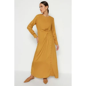 Trendyol Camel Waist 100% Viscose Woven Dress with Shirred Fabric Covered Button Detailed