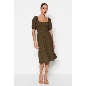 Trendyol Khaki Open-Waist/Skater Square Neck Balloon Sleeve Midi Crepe Knit Dress