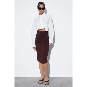 Trendyol Dark Brown Shirred Detail Fitted/Slippery High Waist Midi Pencil Skirt, Stretch