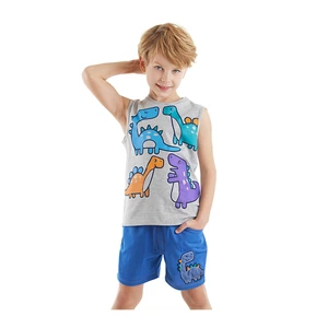 Denokids Colorful Dinos Boys' Sleeveless Gray T-shirt with Blue Shorts Summer Suit