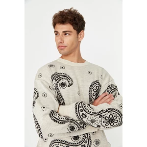 Trendyol Beige Men's Oversize Paisley Patterned Crewneck Knitwear Sweater