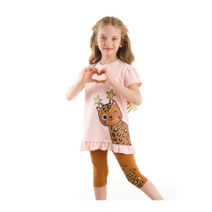 Denokids Star Leopard Girl Child Pink T-shirt and Mustard Leggings Suit.
