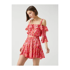Koton Patterned Crop Top Ruffle Off Shoulders