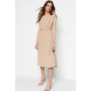 Trendyol Stone Belted Midi Dress With Waistcoat