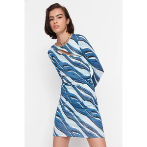 Trendyol Blue Printed Bodycon Mini Knitted Dress