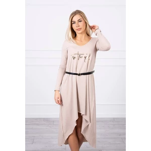 Dress with a decorative belt and an inscription beige