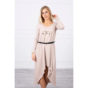 Dress with a decorative belt and an inscription beige