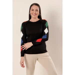 By Saygı Checkered Sleeves Checkered Front Short Back Long Plus Size Acrylic Sweater Black