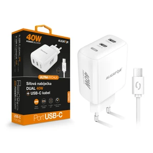 Aligator chytrý síťový adaptér, Power Delivery 40W, 2xUSB-C, USB-C/USB-C kabel, bílá