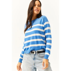 Olalook Women's Blue White Crew Neck Cotton Viscose Knitwear Blouse