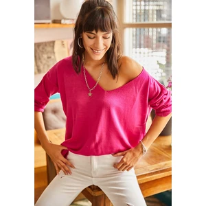 Olalook Women's Fuchsia V-Neck Loose Knitwear Blouse