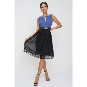 By Saygı Indigo Evening Dress With Guipure Skirt Pleated Belt