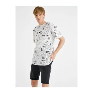 Koton Men's White Patterned Printed T-Shirt Cotton