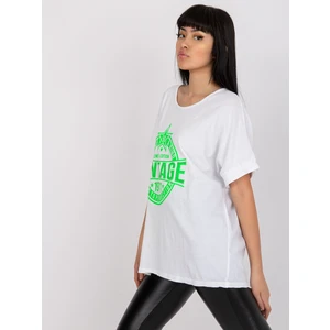 White and green t-shirt with an application and a round neckline