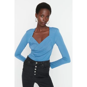 Trendyol Indigo Waistband Draped Detailed Fitted/Situated Elastic Snaps Knitted Bodysuit