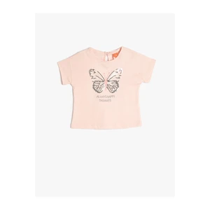 Koton T-Shirt with Butterfly Sequins Embroidered Short Sleeves Crew Neck Cotton