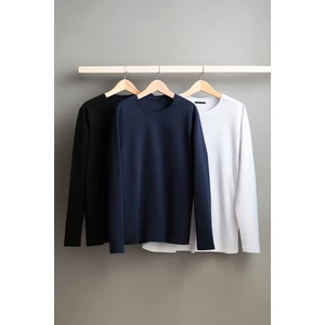 Trendyol Black-White-Navy Blue Men's Regular/Normal Cut Crew Neck Long Sleeve 3-Piece Basic Package T-Shirt