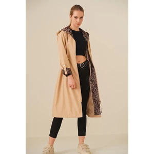 Bigdart 9091 Pleated Waist, Hooded Trench Coat - Light beige.