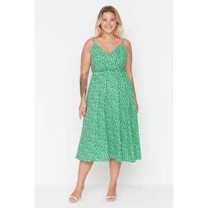 Trendyol Curve Green A-line Knitted Double Breasted Collar Floral Print Dress
