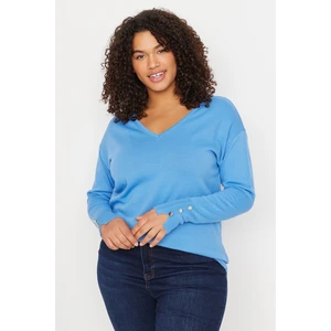 Trendyol Curve Light Blue V-Neck Button Detailed Knitwear Sweater