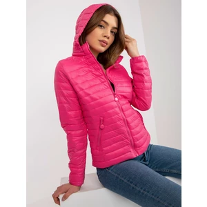 Dark pink transitional quilted hooded jacket