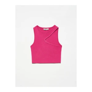 Dilvin 10173 Low-cut Collar Knitwear Crop-fuchsia