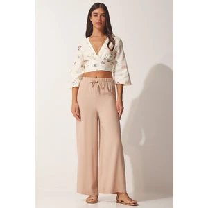 Happiness İstanbul Women's Beige Cotton Viscose Palazzo Pants