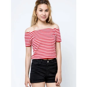 Short blouse with carmen neckline white with red stripes